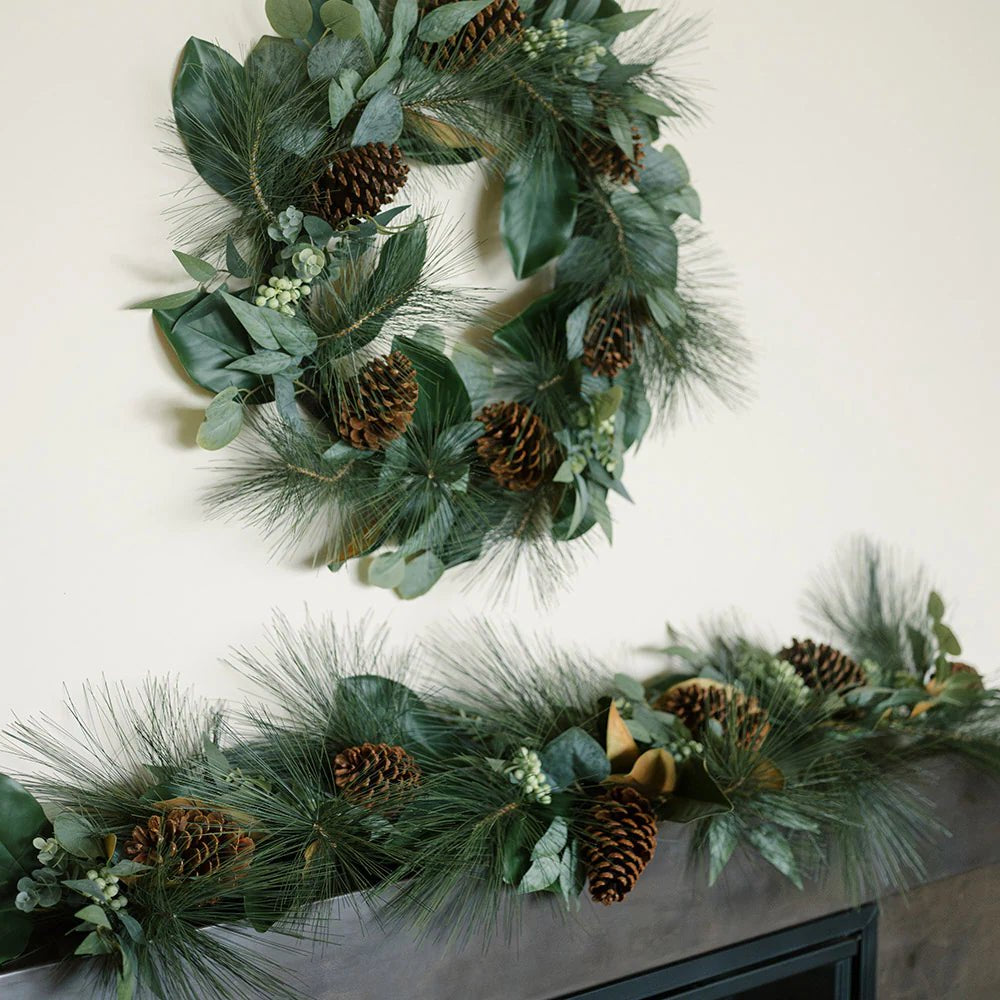 28" Magnolia, Eucalyptus, Pinecone, & Needle Pine Wreath - Wreaths